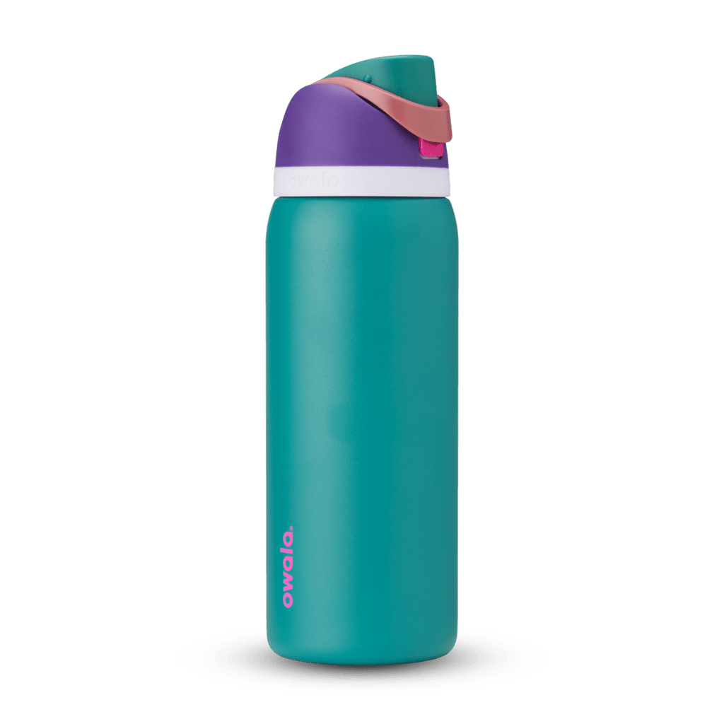 FreeSip 32oz in 80s Ski Slopes, teal body with purple flip cap, pink carry loop, white accent band, and pink logo